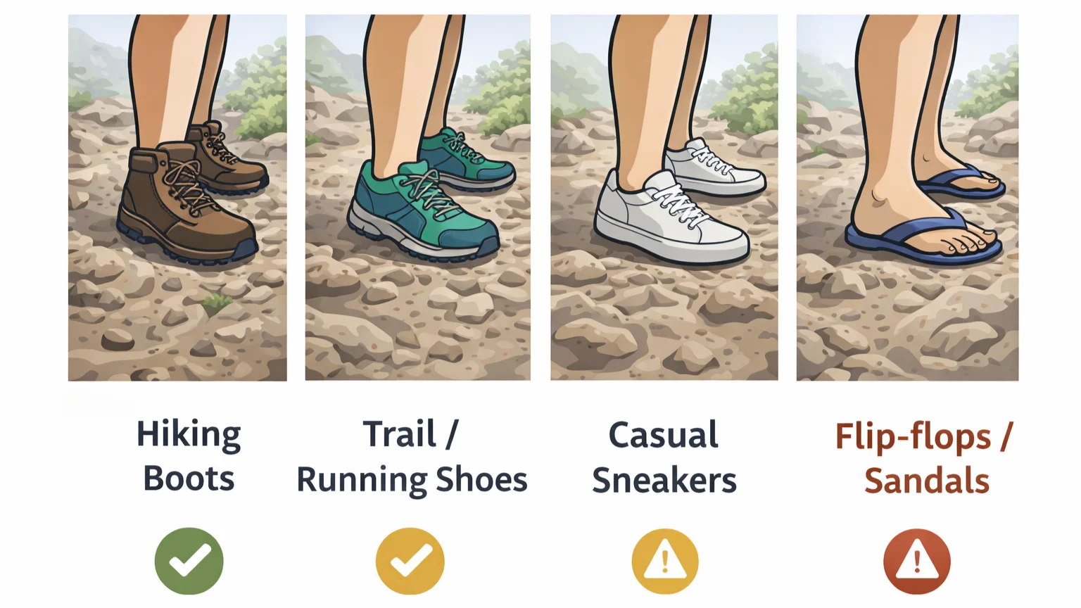 Comparison of hiking footwear showing ankle injury risk on easy trails