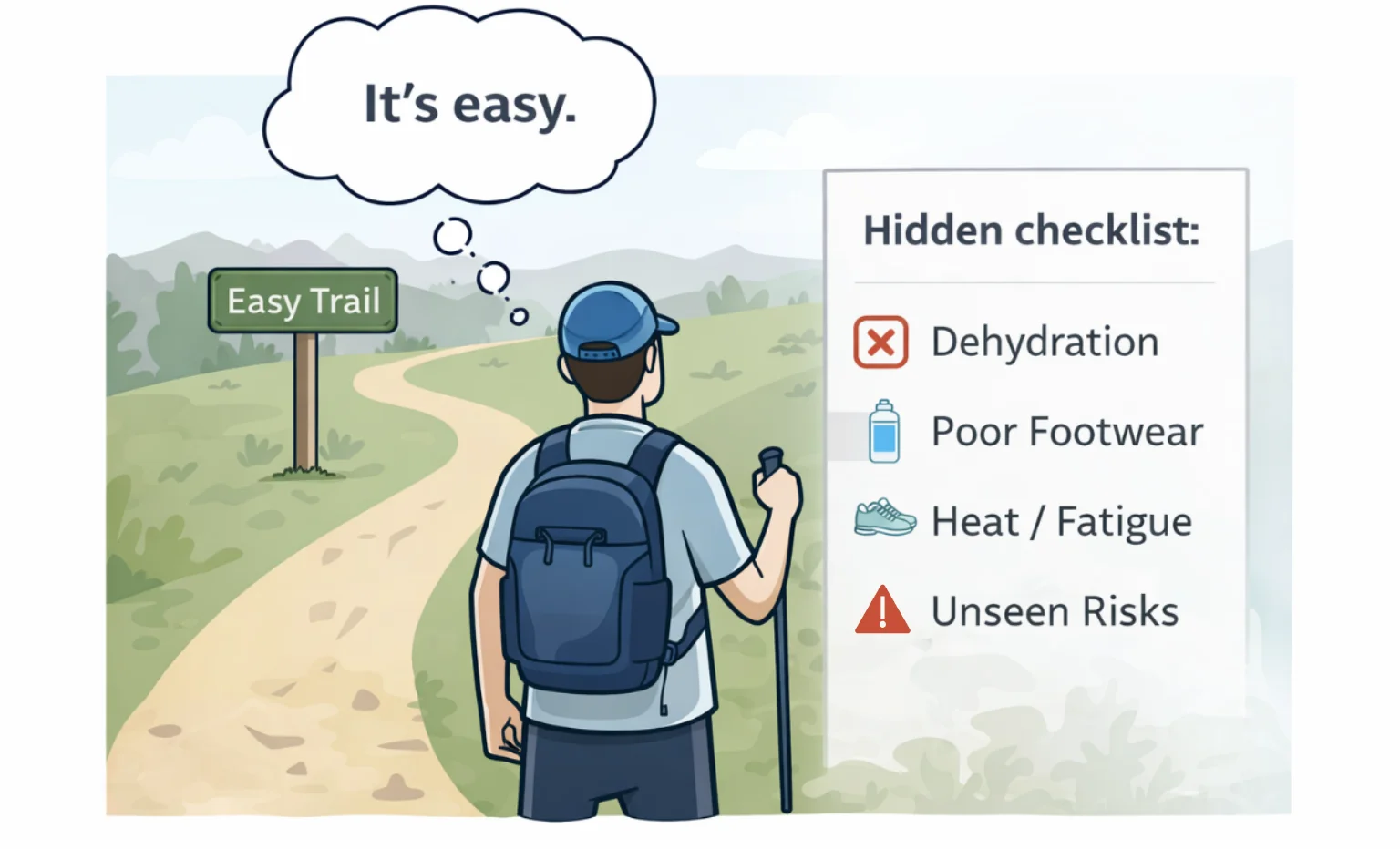 Illustration showing how hikers underestimate risks on easy trails due to overconfidence