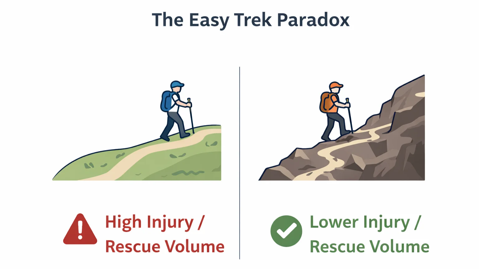 An infographic showing that easy treks cause more injuries compared to difficult ones, with respect to the rescue volume