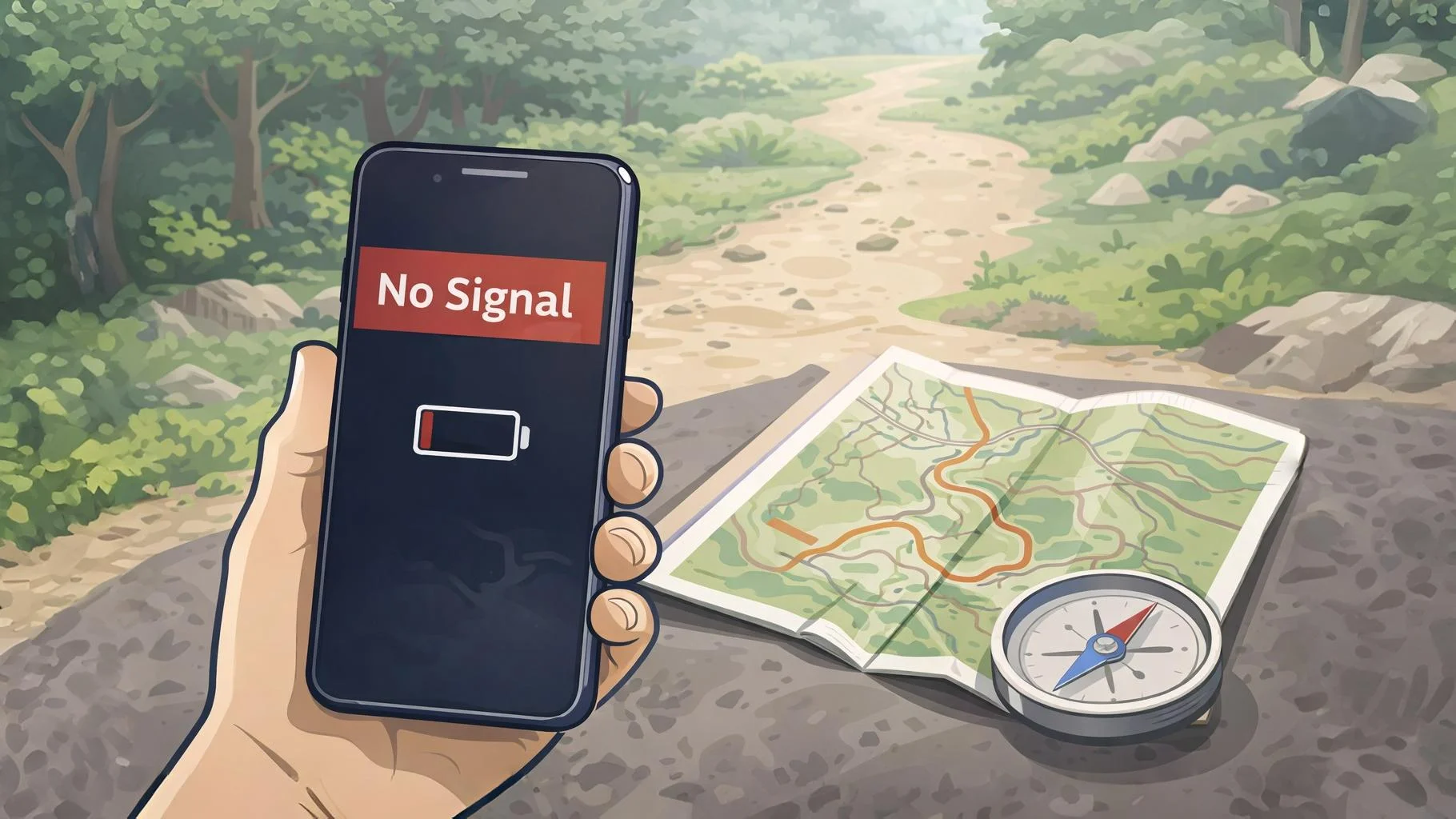 Smartphone with no signal on a hiking trail, showing limits of relying only on technology
