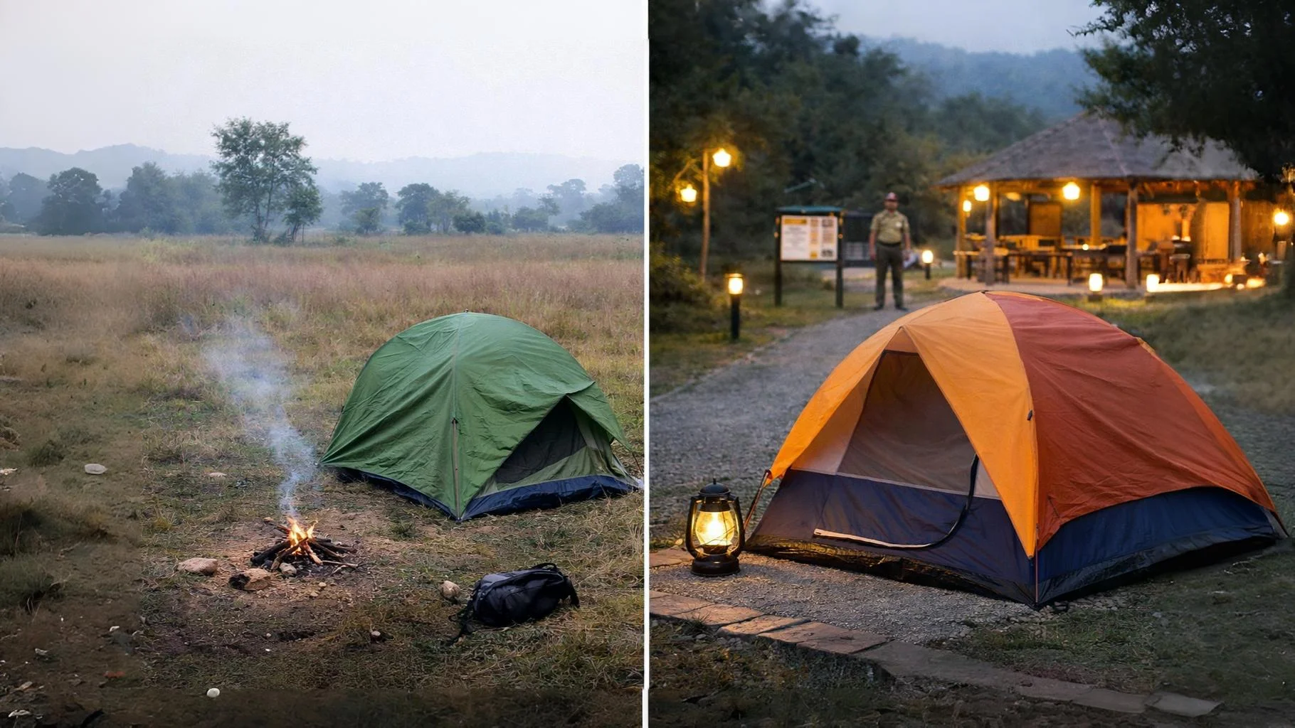 Split image showing an unmanaged campsite versus an organized campsite, illustrating how camping safety in India depends on location and facilities