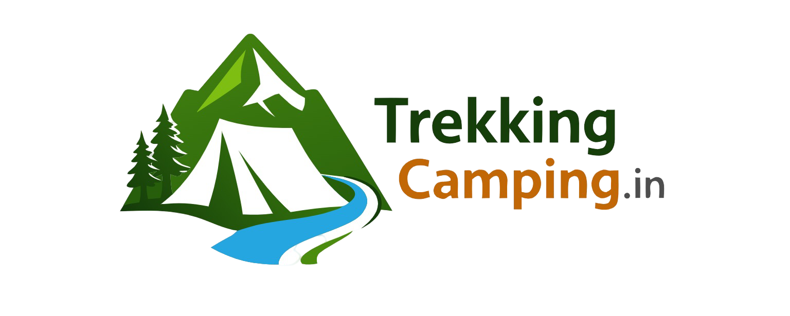 TrekkingCamping.in logo featuring a mountain, tent, trees and a flowing river