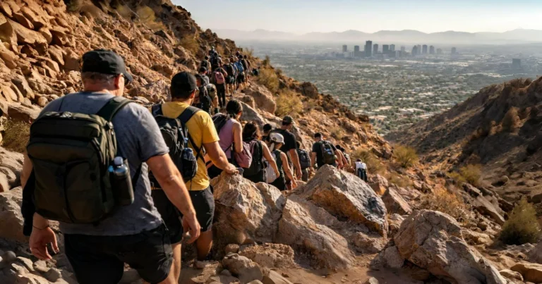 Hikers bottlenecked on a steep rocky trail above a city skyline, illustrating how popular easy-access treks lead to crowding and higher injury risk