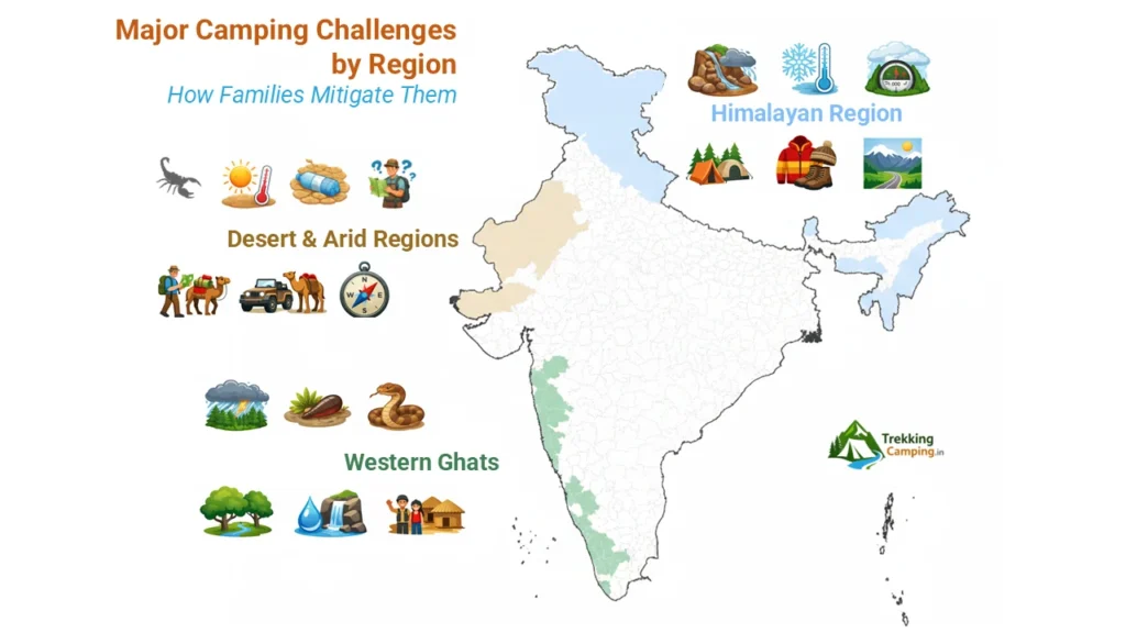 Infographic showing major camping challenges across Indian regions and how families mitigate them through preparation, infrastructure, and location choice