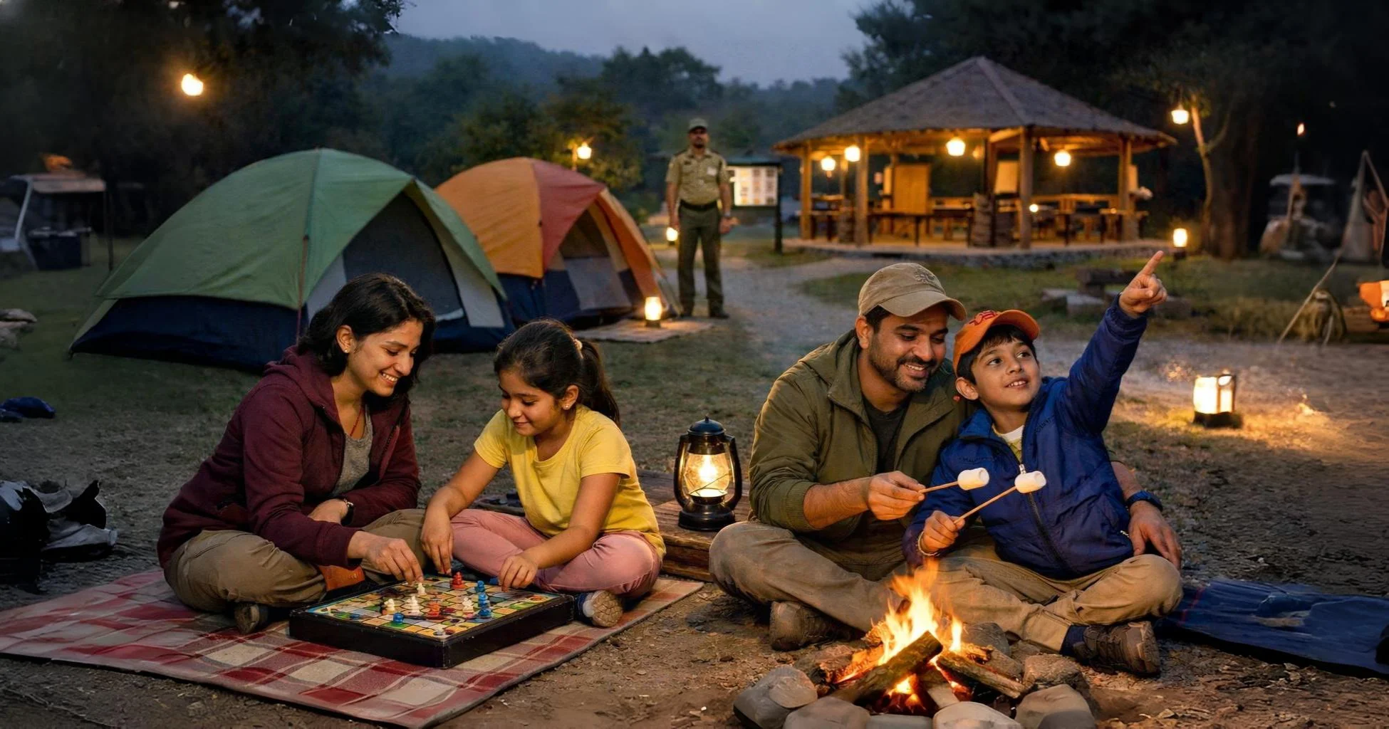 Indian family camping at an organized campsite, showing safe and managed family camping in India