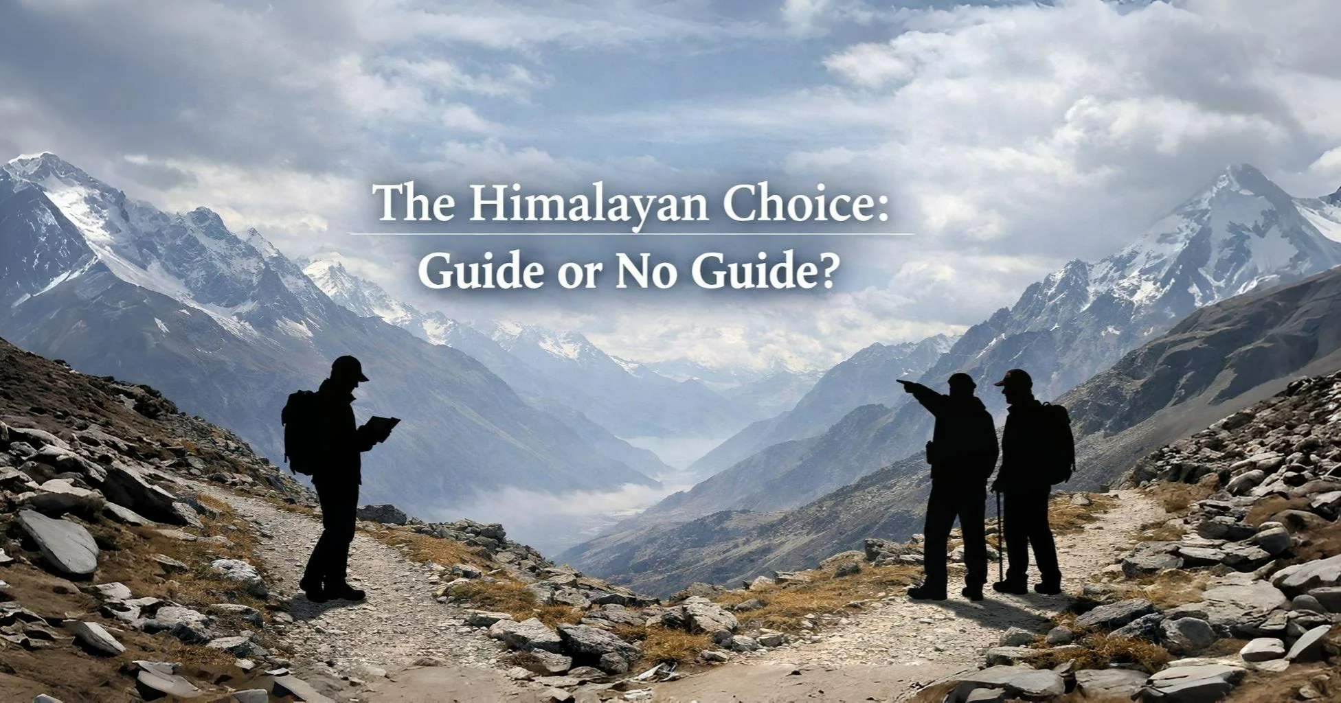 Himalayan trekker choosing between independent trekking and hiring a guide in high mountains