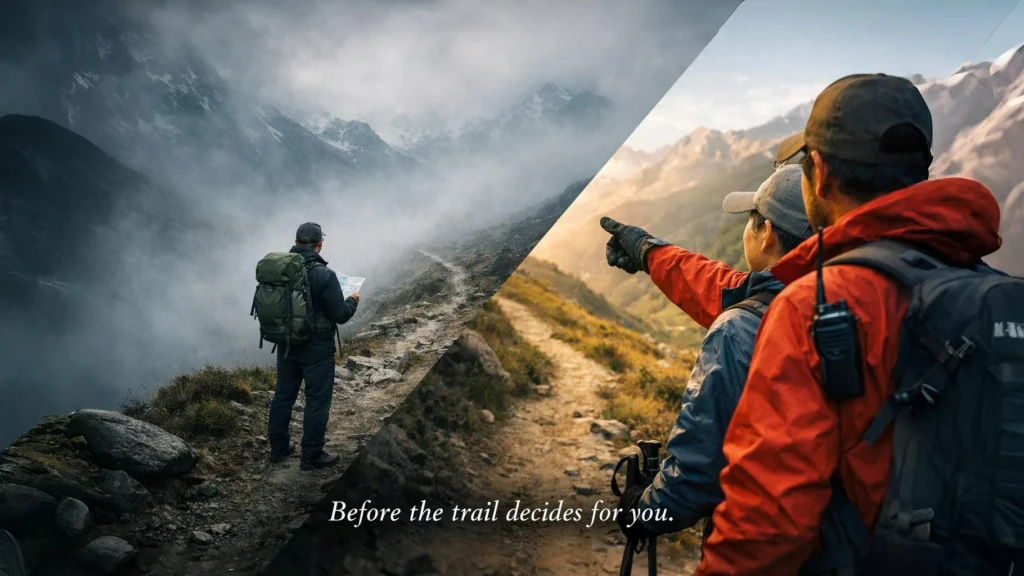 A Himalayan trail splitting into two paths, symbolizing independent trekking versus trekking with a guide.