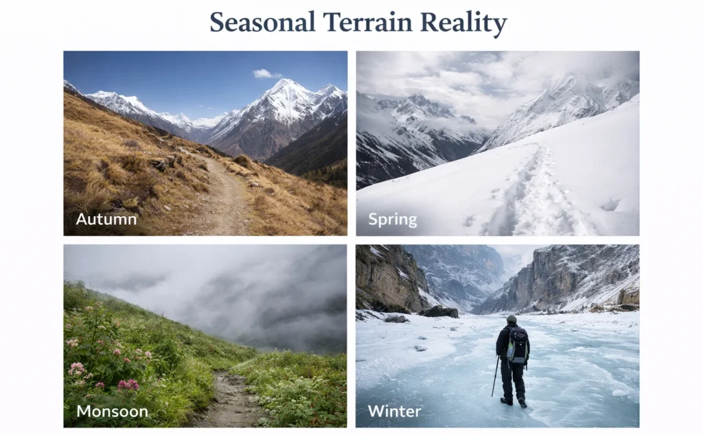 Same Himalayan trekking trail showing different terrain conditions across seasons
