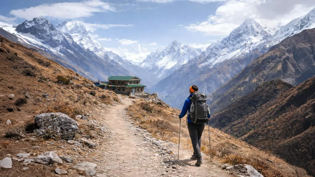 Trekker walking toward a teahouse on a well-defined Himalayan trail