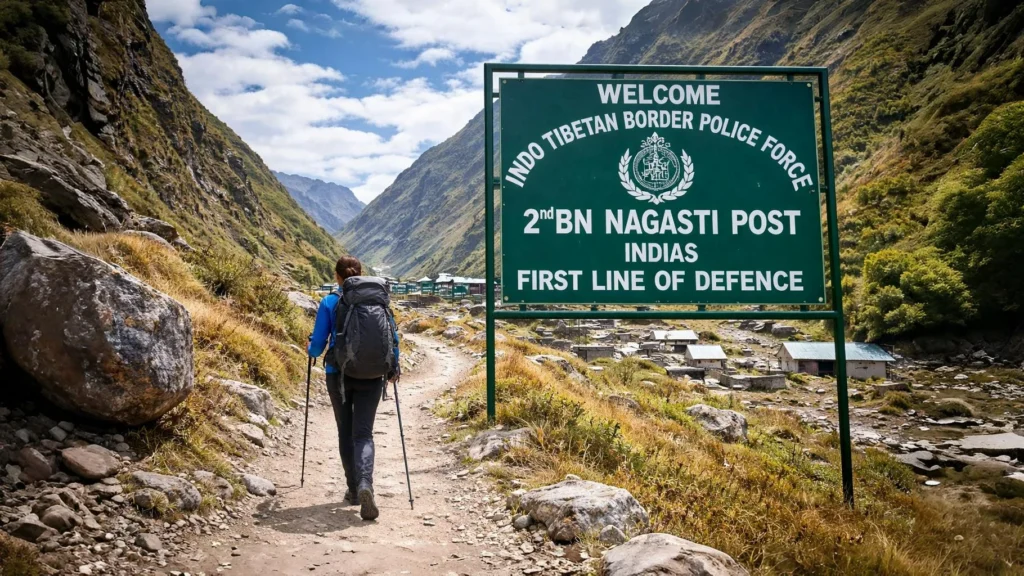 ITBP checkpoint signboard marking a restricted trekking area in the Indian Himalayas