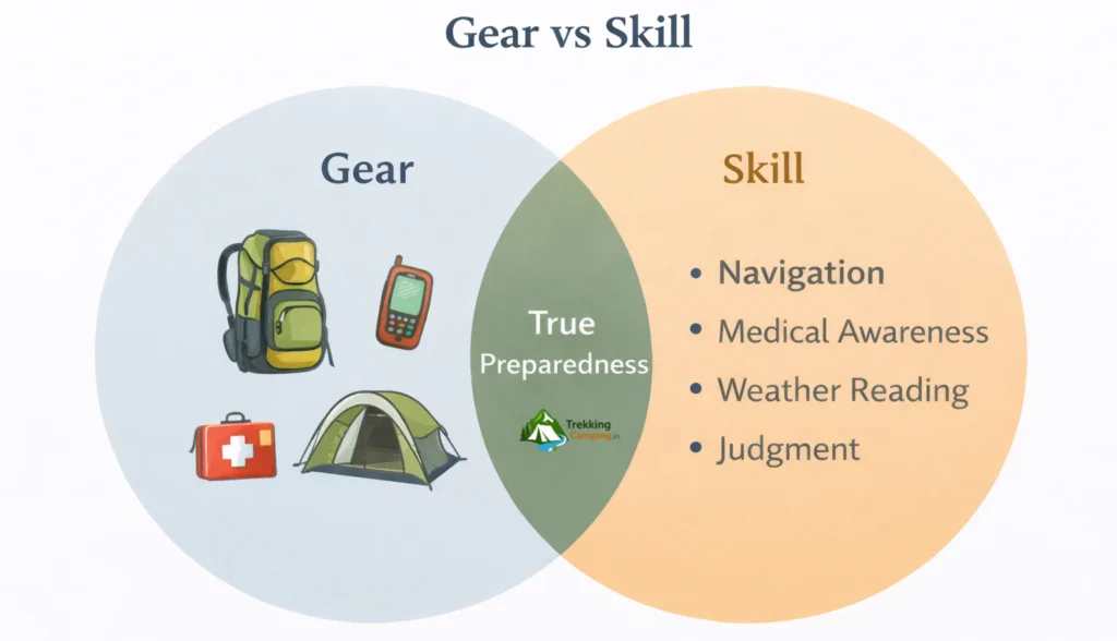 Trekking preparedness diagram showing overlap between gear carried and skills required